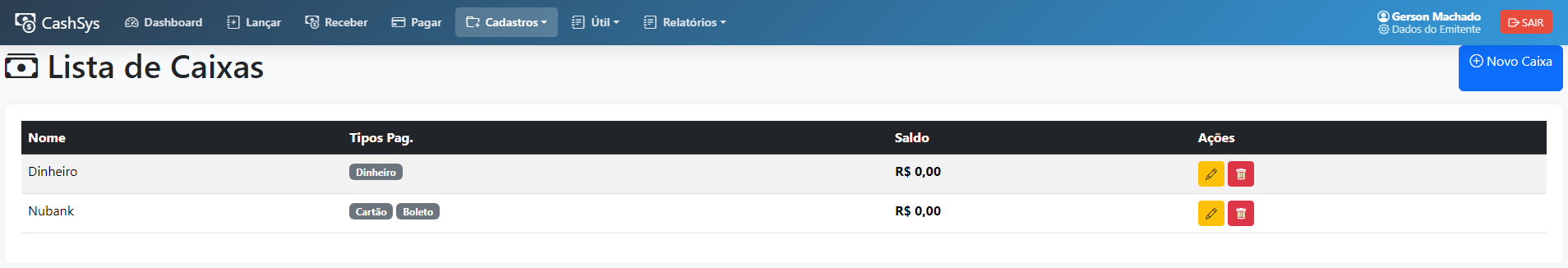 Cadastro de Caixas